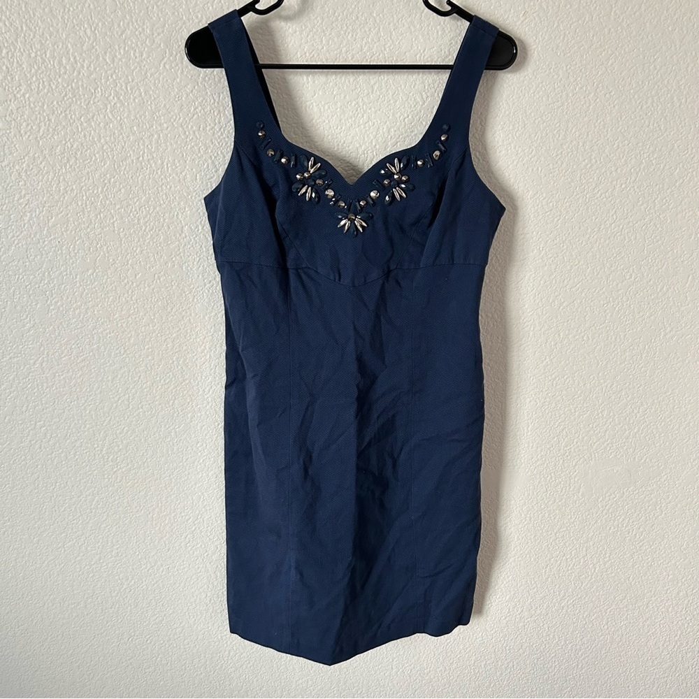 INC International Concepts Jeweled Cocktail, Semi Formal Navy Sheath Mini Dress